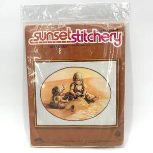 Sunset Stitchery Vintage 1981 Sealed Needlepoint Kit Children Sand Castle Sunset